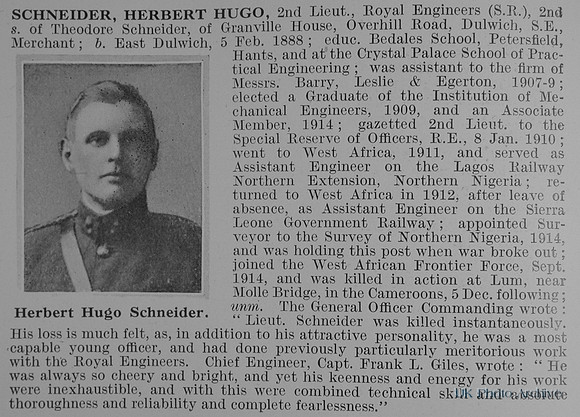 Schneider H H 2nd Lt Royal Engineers Obit