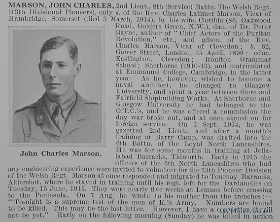 Marson J C 2nd Lt 8th Welsh Regiment Obit Part 1