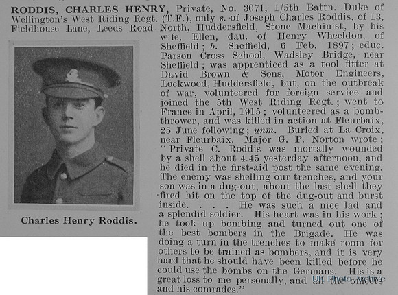 Roddis C H Pte 3071 5th West Riding Regiment Obit