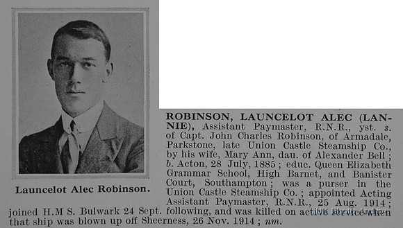 Robinson L A Assistant Paymaster HMS Bulwark Royal Naval Reserve Obit