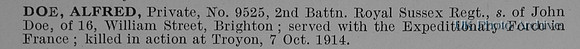 Doe A Pte 9295 2nd Royal Sussex Regiment Obit