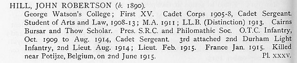 Hill J R Lt 2nd Durham Light Infantry Obit