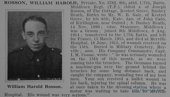 Rosson W H Pte 3782 9th Attd 7th Middlesex Regiment Obit