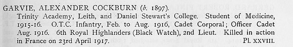 Garvie A C 2nd Lt 6th Black Watch Obit
