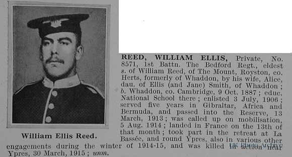 Reed W E Pte 8571 1st Bedfordshire Regiment Obit