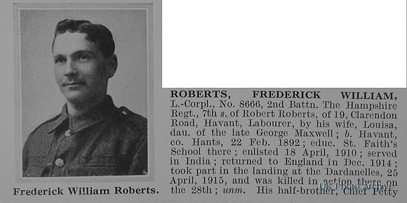 Roberts F W L/Cpl 8666 2nd Hampshire Regiment Obit Part 1