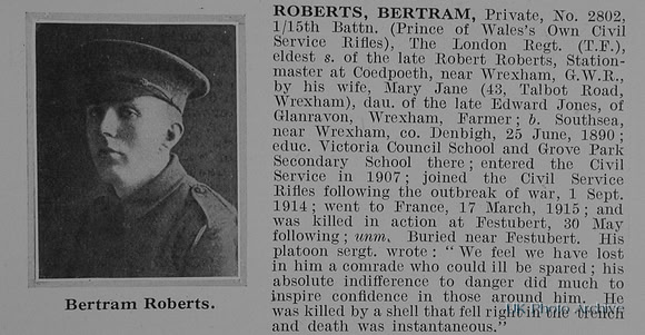Roberts B Pte 2802 15th London Regiment Obit