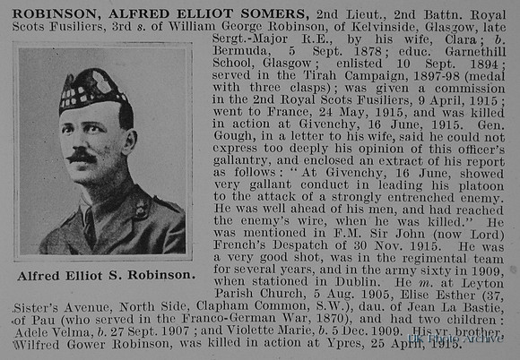 Robinson A E S 2nd Lt 2n Royal Scots Fusiliers Obit