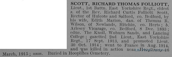 Scott R T F Lt 1st East Yorkshire Regiment