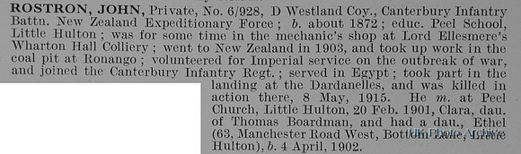 Rostron J Pte 6/928 Canterbury Infantry Battalion New Zealand Expeditionary Force