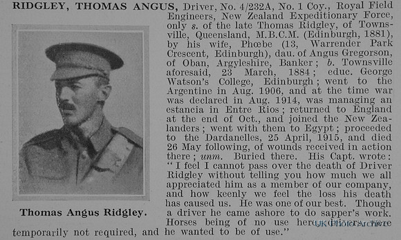 Ridgley T A Dvr 4/232A Royal Field Engineers New Zealand Expeditionary Obit