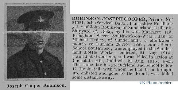 Robinson J C Pte 21021 9th Lancashire Fusiliers Obit