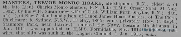 Masters T M H Midshipman HMS Formidable Royal Navy Obit
