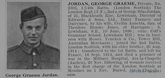 Jordan G G Pte 2302 14th London Regiment Obit