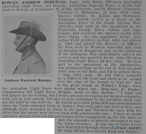 Rowan A P Captain 10th Australian Light Horse Obit