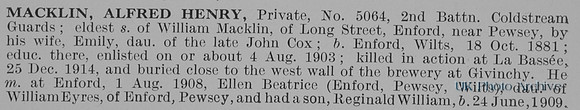Macklin A H Pte 5064 2nd Coldstream Guards Obit