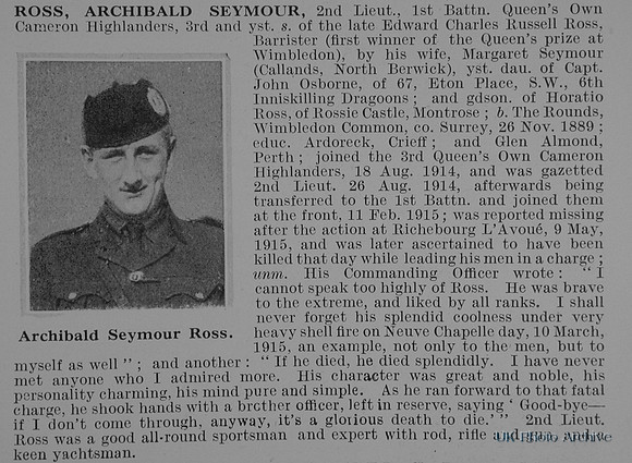 Ross A S 2nd Lt 1st Cameron Highlanders Obit