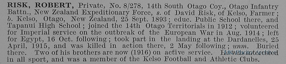 Risk R Pte 8/278 14th South Otago Coy Otago Infantry New Zealand Expeditionary Force
