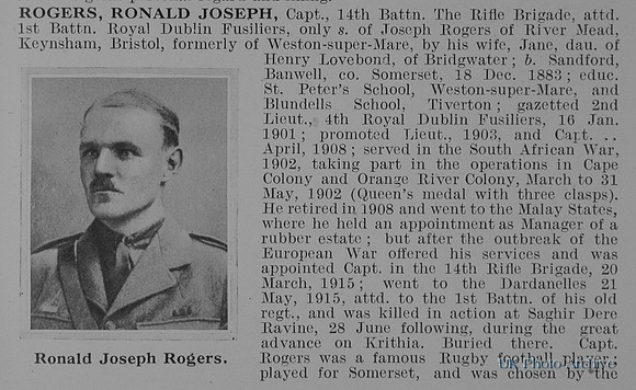 Rogers R J Captain 14th Rifle Brigade Attd 1st Royal Dublin Fusiliers Obit Part 1