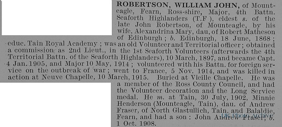 Robertson W J Major 4th Seaforth Highlanders