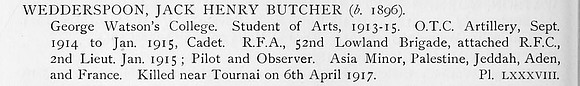 Wedderspoon J H B 2nd Lt Royal Flying Corps Obit