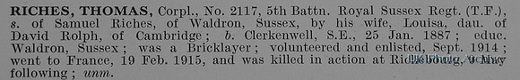 Riches T Cpl 2117 5th Royal Sussex Regiment
