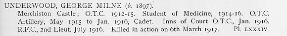 Underwood G M 2nd Lt Royal Flying Corps Obit