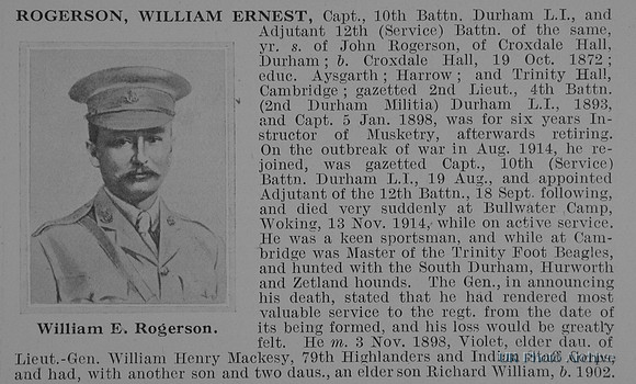 Rogerson W E Captain 10th Durham Light Infantry Obit