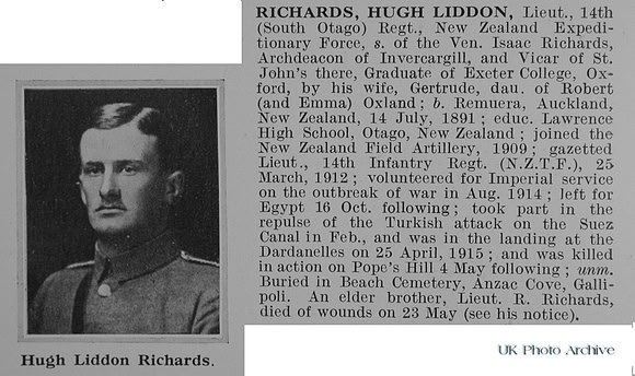 Richards H L Lt 14th (South Otago) Regt New Zealand Expeditionary Force Obit