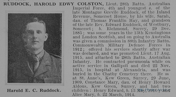 Ruddock H E C Lt 28th Australian Imperial Force Obit