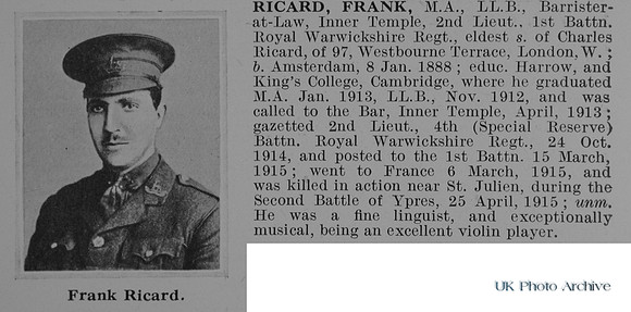 Ricard F 2nd Lt 1st Royal Warwickshire Regiment Obit