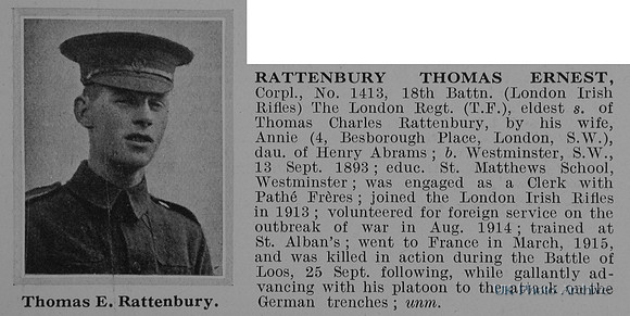 Rattenbury T E Cpl 1413 18th London Regiment Obit