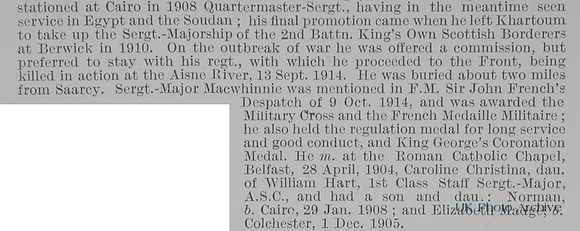 MacWhinnie N H Regt Sergt Maj DCM 5177 2nd Kings Own Scottish Borderers Obit Part 2