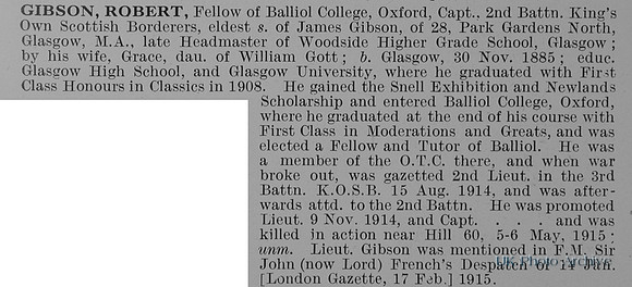 Gibson R Captain 2nd Kings Own Scottish Borderers Obit