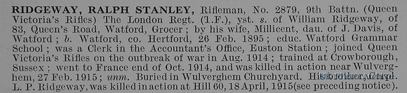 Ridgeway R S Rfn 2879 9th London Regiment
