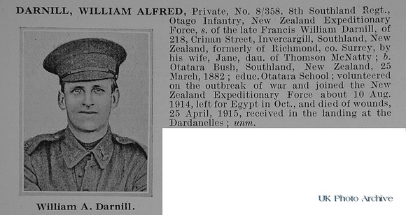 Darnill W A Pte 8-358 8th Southland Regiment Otago Infantry NZEF Obit