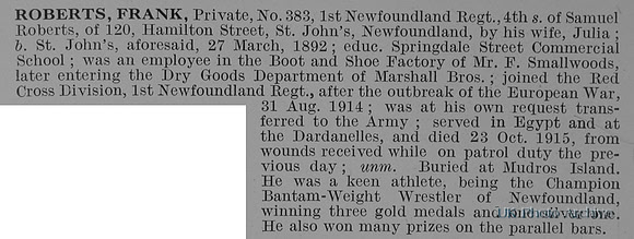 Roberts F Pte 383 1st Newfoundland Regiment