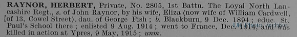 Raynor H Pte 2805 1st Loyal North Lancs Regiment