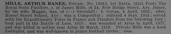 Mills A B Pte 13013 1st Royal Scots Fusiliers Obit De Ruvignys Roll Of Honour Vol 4