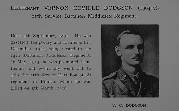 Dodgson V C Lt 11th Middlesex Regiment Obit Dulwich College Roll Of Honour