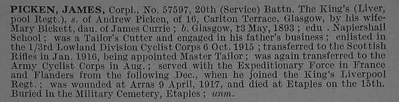 Picken J Cpl 57597 20th Kings Liverpool Regiment Obit De Ruvignys Roll Of Honour Vol 4