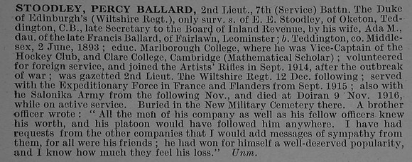 Stoodley P B 2nd Lt 7th Wiltshire Regiment Obit De Ruvignys Roll Of Honour Vol 4