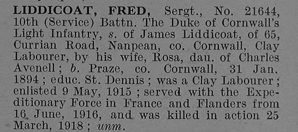 Liddicoat F Sergt 21644 10th Duke Of Cornwalls Light Infantry Obit De Ruvignys Roll Of Honour Vol 4