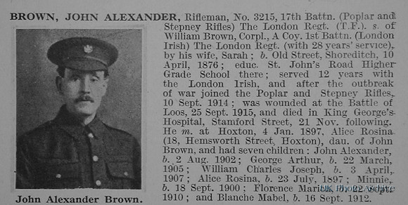Brown J A Rfn 3215 17th London Regiment Obituary De Ruvignys Roll Of Honour Vol 1