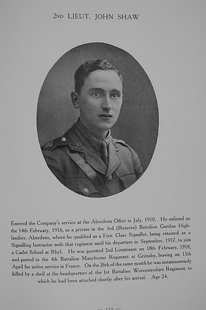 Shaw J 2nd Lt 4th Manchester Regiment Northern Assurance Co War Record