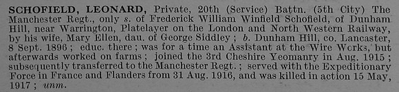Schofield L Pte 40364 20th Manchester Regiment Obit De Ruvignys Roll Of Honour Vol 4