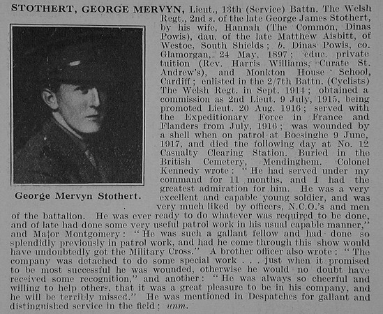 Stothert G M Lt 13th Welsh Regiment Obit De Ruvignys Roll Of Honour Vol 3