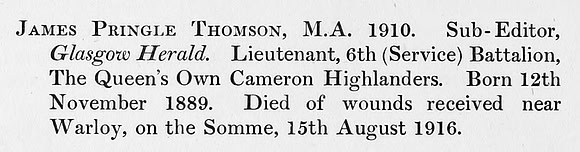 Thomson J P Lt 6th Cameron Highlanders Obit St Andrews University Roll Of Honour