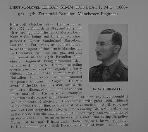 Hurlbatt E S Lt Col MC 7th Manchester Regiment Obit Part 1 Dulwich College Roll Of Honour