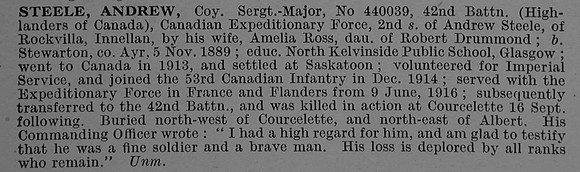 Steele A Coy Sergt Major 440039 42nd Canadian Infantry (Quebec Regiment) Obit De Ruvignys Roll Of Honour Vol 4